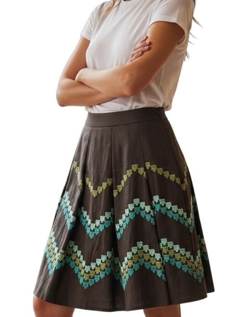 Ann Taylor Loft Women's Vintage Skirt 4P Linen Embroidered Pleated A-Line Brown